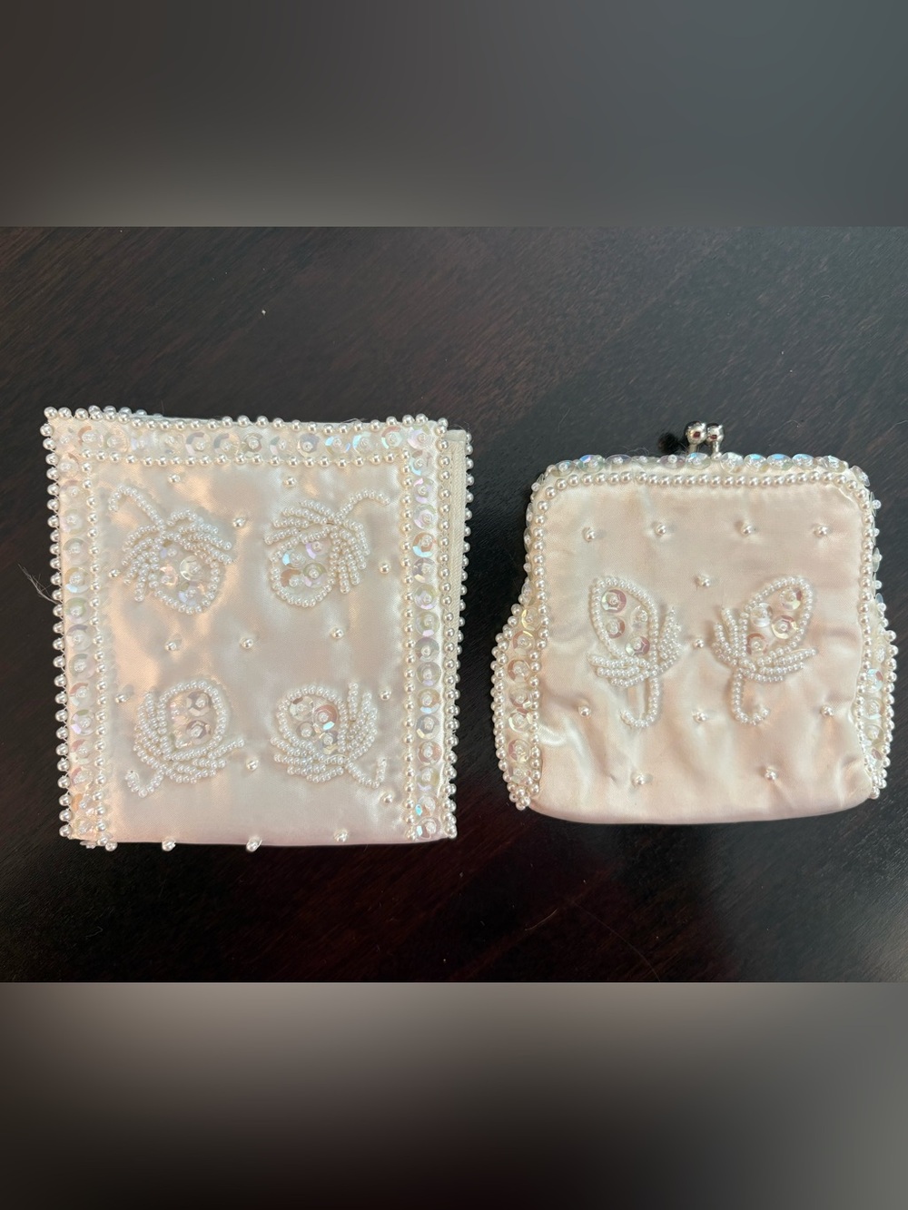Beaded Pearl-Embellished Satin Wallet and Coin Purse Set - Ivory